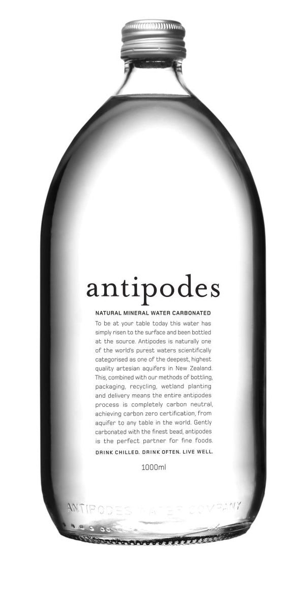 Case of 12 Antipodes sparkling water bottles, 1L each, showing elegant glass bottles with natural mineral water for hydration