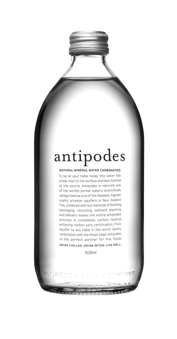 Case of 24 Antipodes sparkling water bottles, 500ml each, arranged neatly showing premium mineral water packaging
