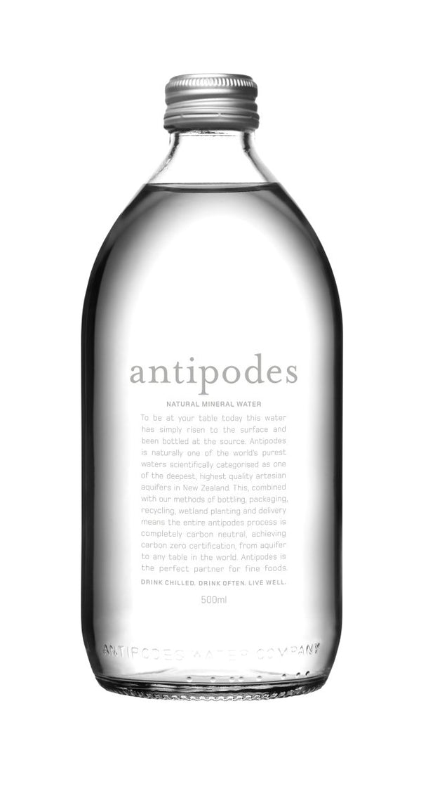 Antipodes still water in glass bottles, 500ml size, eco-friendly packaging, case of 24 bottles for hydration on the go
