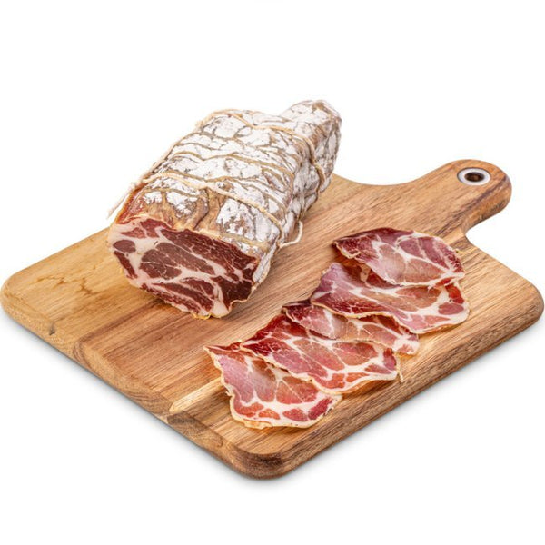 Sliced coppa ham with seasoned dry-cured pork loin in 100g packaging, suitable for non-muslim consumers