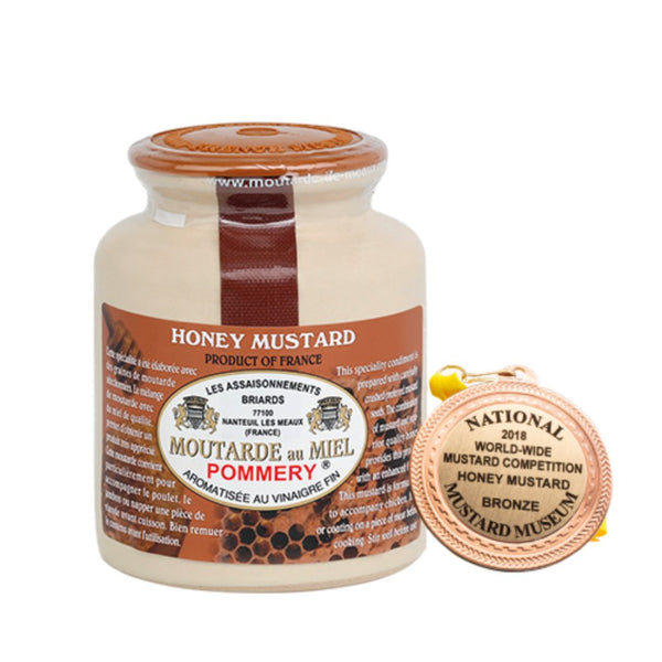 Pommery honey mustard jar 250g with golden blend, perfect for gourmet sandwiches and charcuterie boards