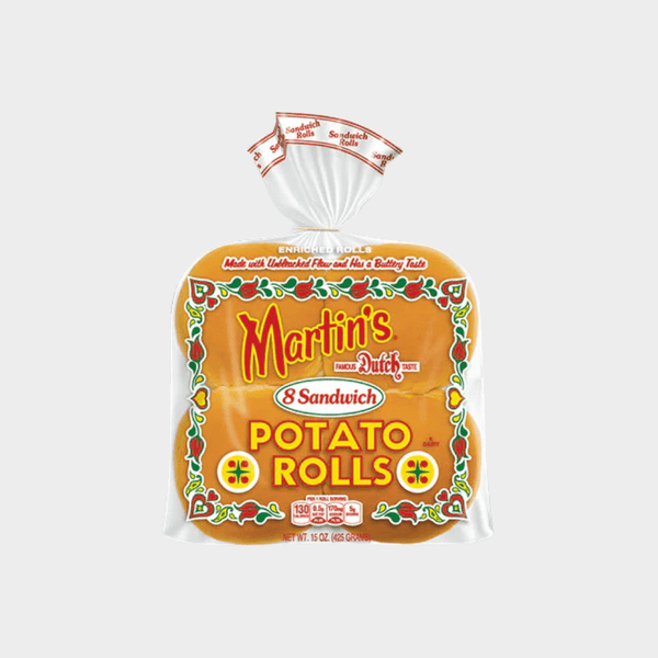 Fresh martin's potato burger bun packaging with soft golden buns for homemade hamburgers and sandwiches