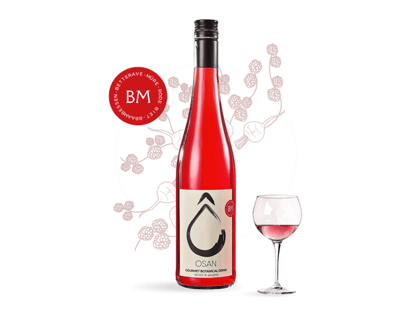 Bottle of OSAN Beet-Blackberry non-alcoholic drink with deep burgundy color in elegant glass packaging, 750ml size