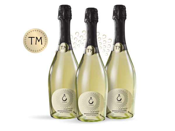 Bottle of OSAN Bulles TM Marigold Mirabelle non-alcoholic sparkling drink with elegant design and citrus notes