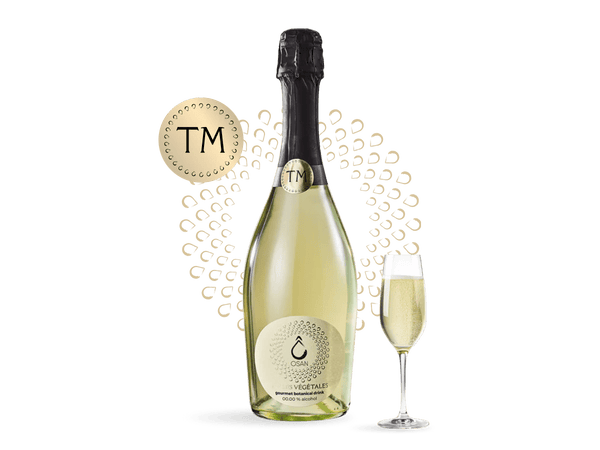 Bottle of OSAN Bulles TM Marigold non-alcoholic sparkling beverage in Mirabelle flavor, golden color, 750ml size