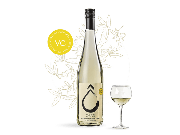 Fresh verbena and turmeric herbal drink in a modern glass bottle, alcohol-free 750ml OSAN natural beverage