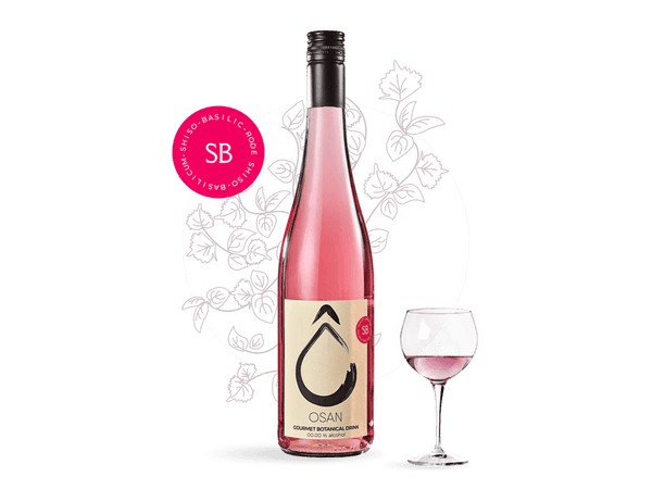 A bottle of OSAN Shiso Basil, an alcohol-free beverage with dark glass and elegant minimalist design, displayed against white background.