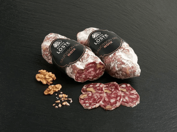 Saucisson walnut dry cured pork sausage 250g with nuts, traditional French charcuterie for non-muslim consumers