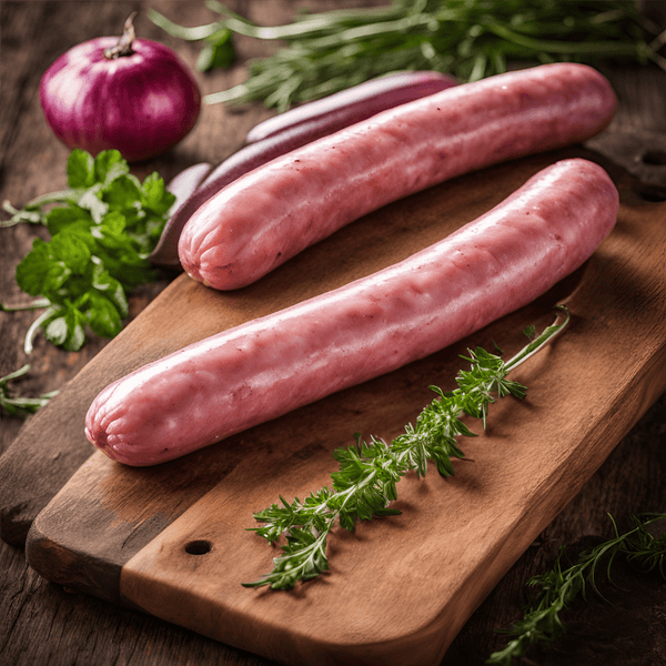 Fresh veal bratwurst sausages packaged and frozen for culinary use, perfect for grilling or pan-frying, 1kg package