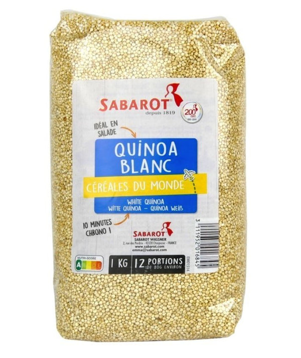 White quinoa in a clear resealable package, showing the whole grains ready for cooking healthy meals, 1kg quantity