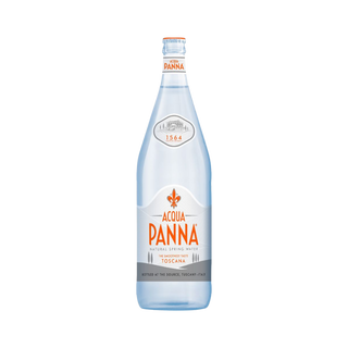 Bottle of Acqua Panna natural mineral water in elegant glass packaging, 1 liter size, premium still water from Italy