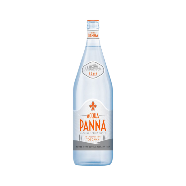Bottle of Acqua Panna natural mineral water in elegant glass packaging, 1 liter size, premium still water from Italy
