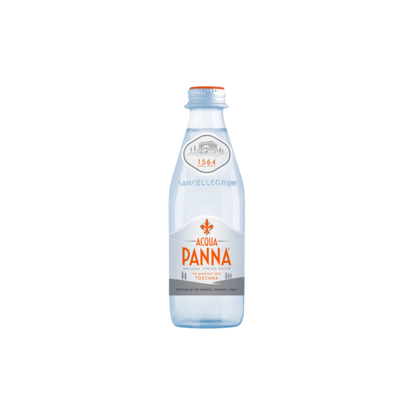 Elegant Acqua Panna natural mineral water in a 250ml glass bottle, perfect for premium hydration and fine dining occasions.