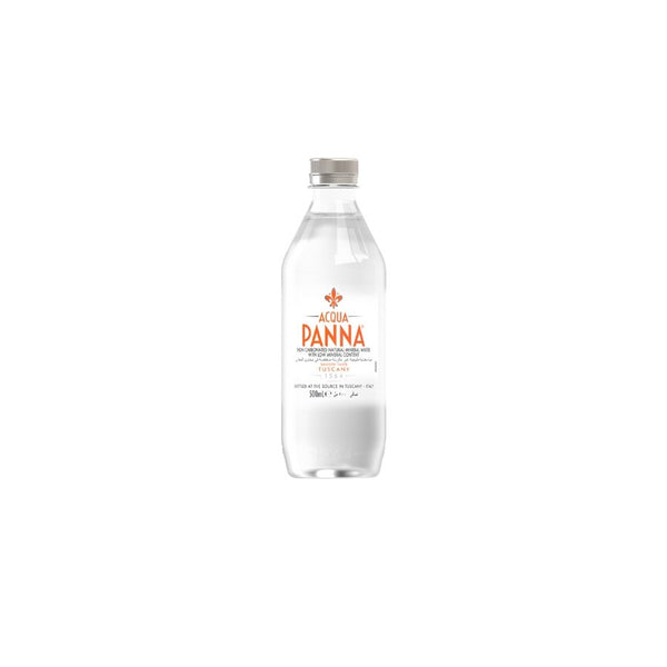 Acqua Panna natural mineral water in 500ml transparent PET bottle with green label, premium still water