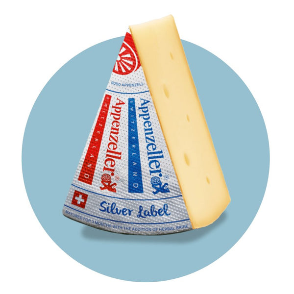 Appenzeller silver label swiss semi-hard cheese with savory taste and smooth texture, aged to perfection, 250g pack
