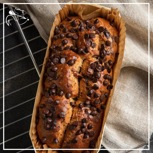 Brioche bread loaf with chocolate chips, freshly baked artisanal sweet bread perfect for breakfast, 500g weight
