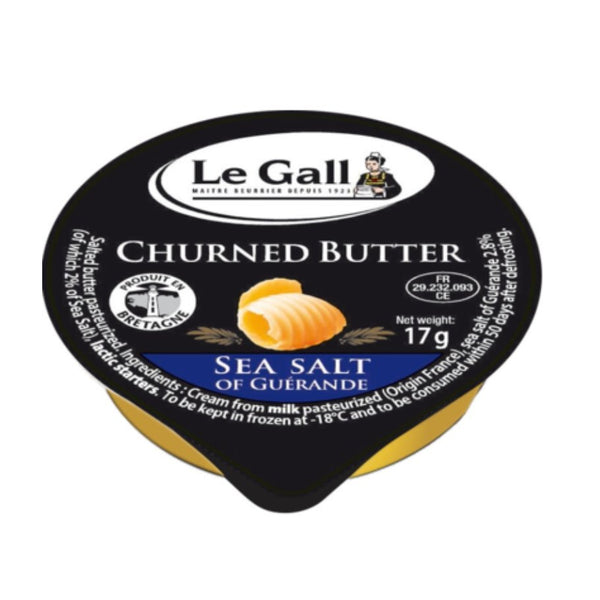 Churned Le Gall salted butter in individual 17g portion pack with gold and white packaging, ready to spread