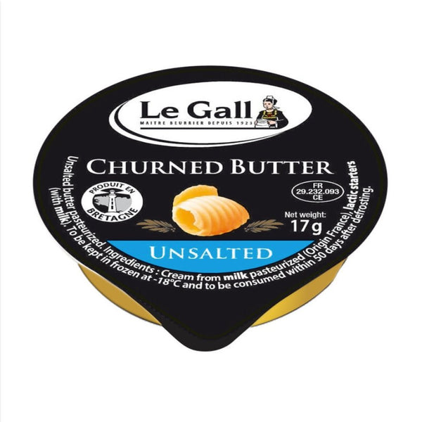Single serving of Le Gall unsalted churned butter in gold foil packaging, individual 17g portion for hotels and restaurants