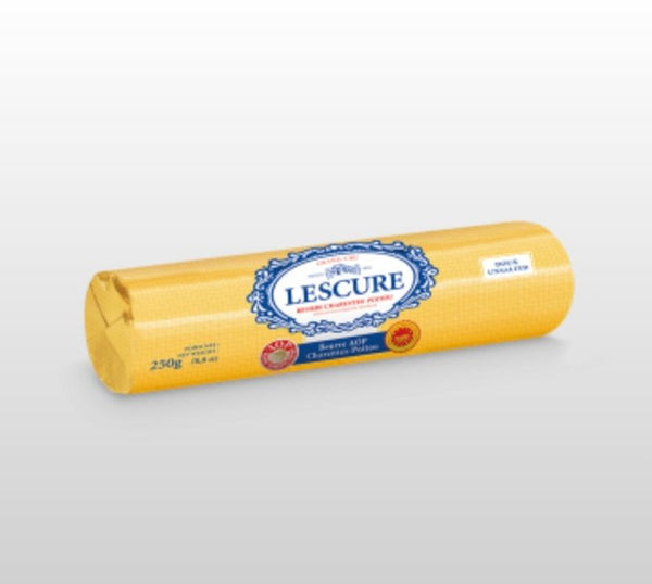Lescure unsalted butter block 250g in gold foil packaging, premium French butter for baking and cooking