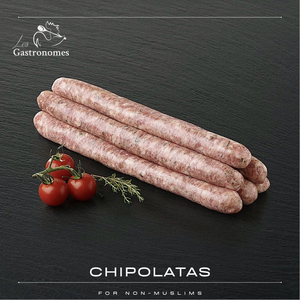 Fresh chipolatas sausages pack of 4 pieces for non-Muslim customers, raw meat ready for cooking