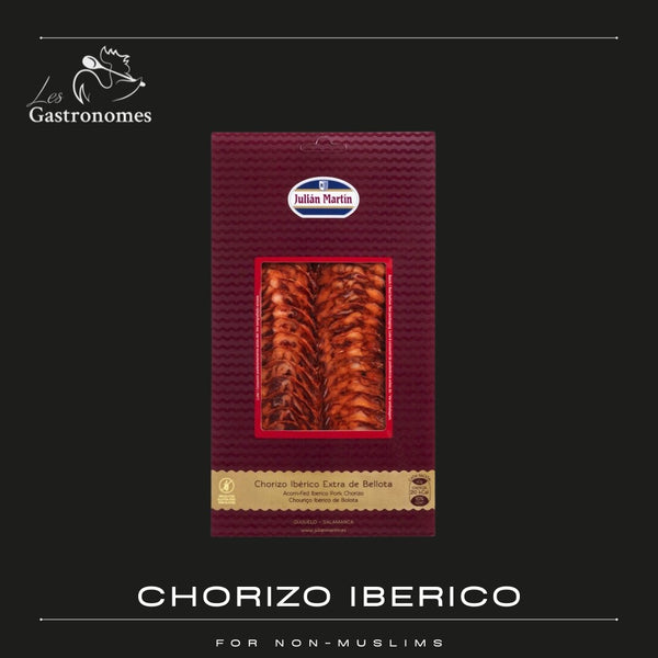 Chorizo iberico de bellota 100% authentic Spanish cured sausage slices packaged for non-Muslim consumers, 100g