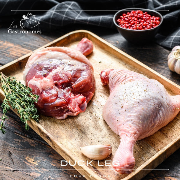 Fresh frozen duck legs from France, packaged as 2 legs per pack, ready for gourmet cooking and meal preparation