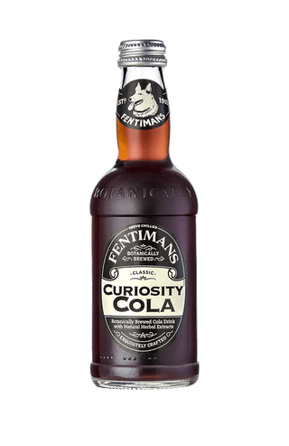 Bottle of Fentimans Curiosity Cola, a premium botanical cola drink in 275ml glass bottle with vintage label design