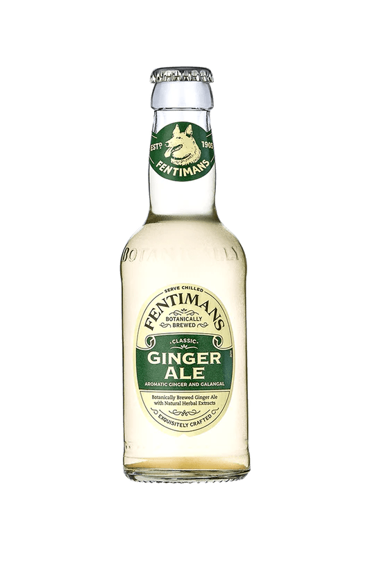 Fentimans premium ginger ale bottles, pack of 24 small 200ml glass bottles, arranged neatly for online purchase