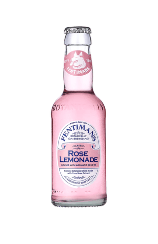 Bottle of Fentimans Rose Lemonade 275ml with pink refreshing beverage, premium botanical soft drink in glass bottle