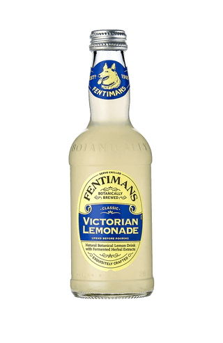 Bottle of Fentimans Victorian lemonade with refreshing citrus flavor in premium glass packaging, traditional recipe drink