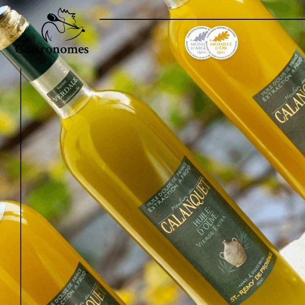 Grossane olive oil from Calanquet in elegant 750ml glass bottle with premium label, gourmet French culinary gift