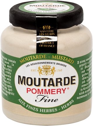 Jar of Pommery herb mustard, 100g, with green label featuring a crown logo, perfect for enhancing culinary dishes