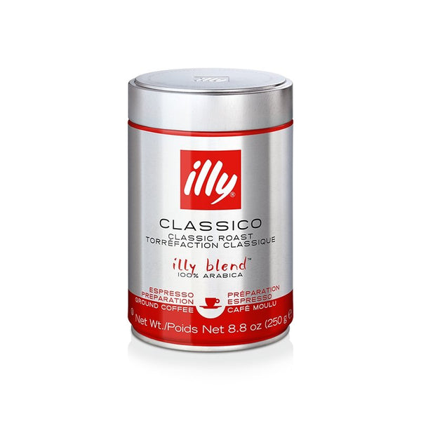 Illy ground espresso classico coffee in red packaging, medium roast coffee for authentic Italian espresso experience