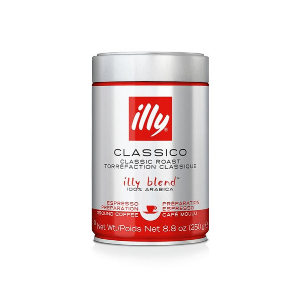 Illy ground espresso classico medium roast coffee in red metal can packaging, perfect for authentic Italian espresso lovers