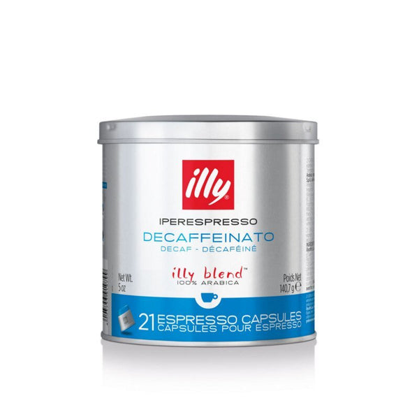 Decaffeinated medium roast illy iperespresso capsules in packaging showing coffee beans and authentic italian quality
