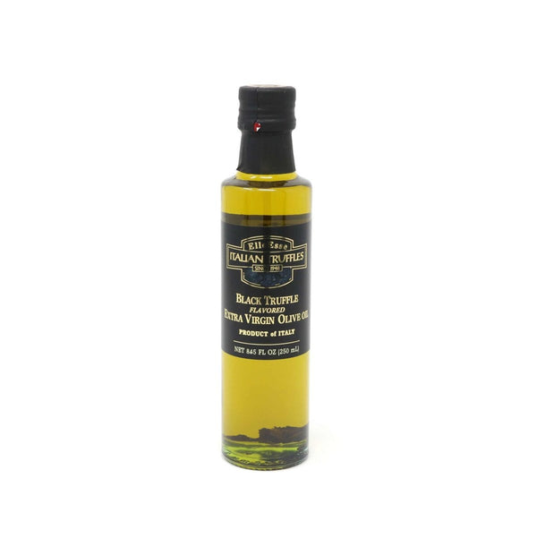 Italian black truffle olive oil in elegant glass bottle with premium black label, gourmet culinary infusion