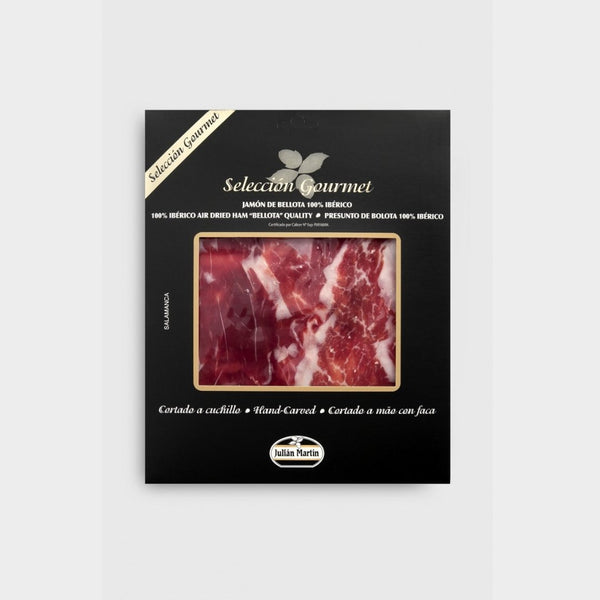 Sliced Spanish jamón ibérico de bellota ham, premium 36-month aged free-range pork delicacy on white plate