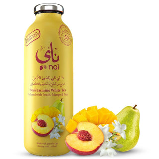 Refreshing Nai peach-mango-jasmine iced tea 6-pack bottles with tropical fruit flavors on clean white background