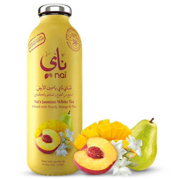 Refreshing Nai peach-mango-jasmine iced tea 6-pack bottles with tropical fruit flavors on clean white background