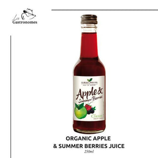 Fresh organic apple and summer berries juice in a 250 ml bottle, perfect for a healthy refreshing drink
