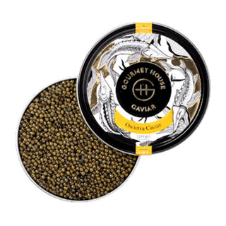 Oscietra caviar in elegant packaging, showcasing premium Russian sturgeon roe, a gourmet delicacy with rich flavor.