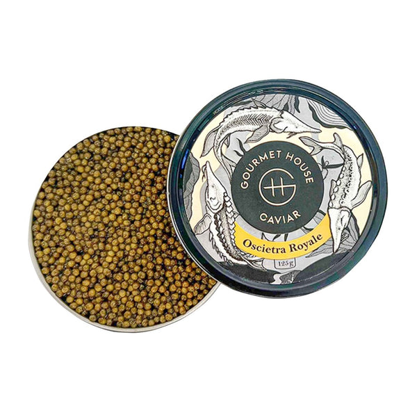 Oscietra royal caviar in elegant black tin, premium sturgeon roe delicacy with golden highlights, gourmet luxury food