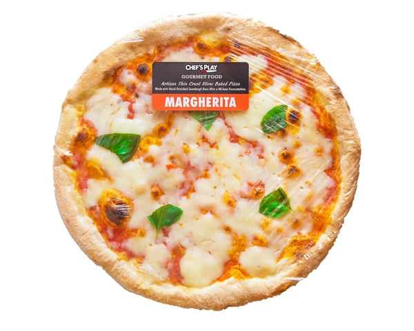 Fresh homemade margarita pizza with melted mozzarella and fresh basil, pre-cooked and frozen for easy preparation
