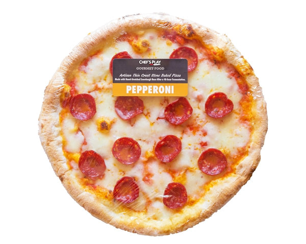 Delicious pepperoni pizza with crispy crust and rich tomato sauce, pre-cooked and frozen for quick meal preparation