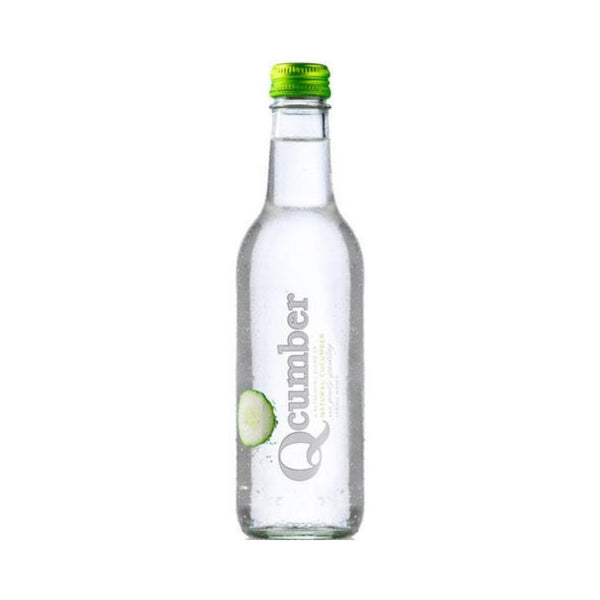 Refreshing Qcumber sparkling water bottle with light green packaging, showcasing natural cucumber flavor for hydration.