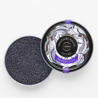 Luxurious Royal Baerii sturgeon caviar reserve in premium packaging, featuring elegant black pearls for gourmet dining experiences