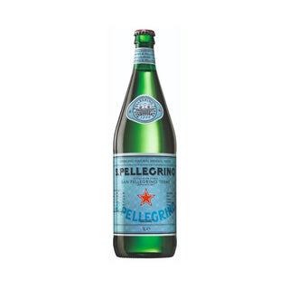 San Pellegrino sparkling mineral water in glass bottles, 1L size, pack of 12 bottles, premium Italian carbonated beverage