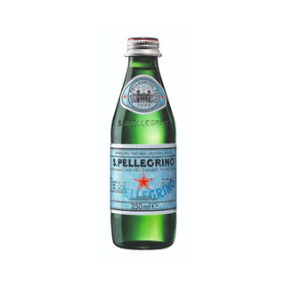 Sparkling San Pellegrino mineral water in 250ml glass bottles, pack of 24, refreshing premium Italian beverage