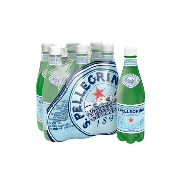San Pellegrino sparkling mineral water in 500ml plastic bottles, pack of six bottles arranged in product display