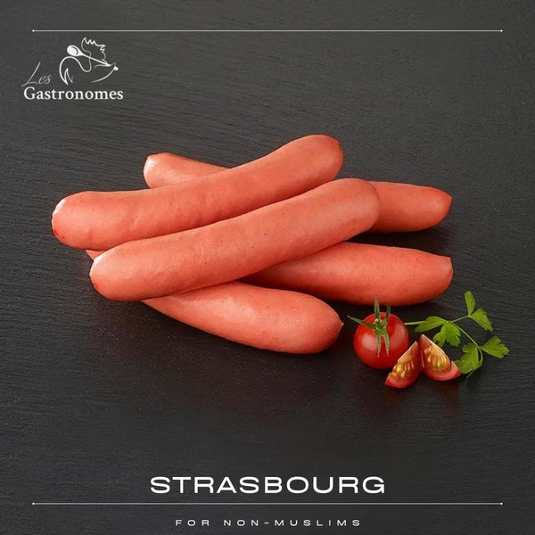 Strasbourg sausages pack of four pieces displayed in transparent packaging for non-Muslim customers